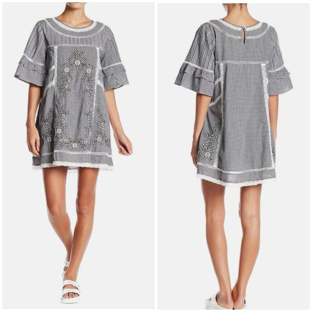 Free People Sunny Days Mini Dress XS Gingham Floral Embroidered Boho Cottagecore